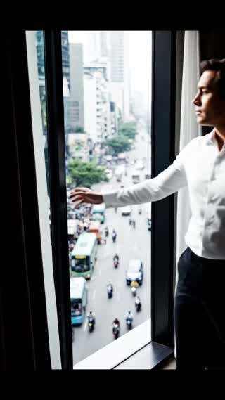Premium real estate commercial, photoreal cinematic style, vertical 9:16, 8 seconds. A high-end modern apartment on a high floor. A well-dressed man in his 40s in a crisp white dress shirt stands beside a large floor-to-ceiling PVC window with a slim black frame. The window is open: outside, a chaotic busy city avenue roars with heavy traffic, buses and motorbikes, harsh bright daylight, a strong sense of urban noise and movement. He calmly reaches out and slowly closes the window. The instant the glass seals, the street outside goes silent and slightly blurred behind the glass, and the interior becomes calm, warm and sophisticated, soft natural light and elegant decor. He relaxes his shoulders with a subtle sense of relief. Slow smooth cinematic camera, 35mm lens, realistic skin texture and matte materials, neutral premium palette of black, grey and white, subtle film grain. The feeling: from chaos outside to peace inside.