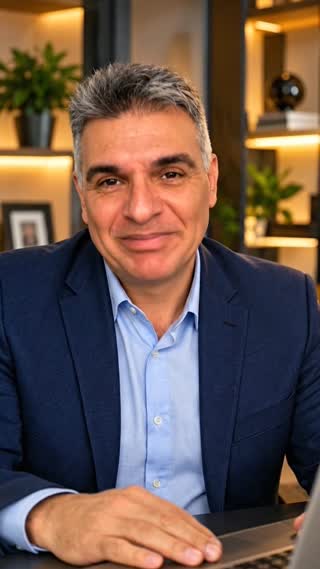 Crie um vídeo realista de 8 segundos, no formato vertical 9:16, utilizando a imagem de referência do apresentador fornecida.

O homem da fotografia está em um escritório moderno e elegante, usando blazer azul-marinho e camisa azul-clara, sem gravata.

Mantenha seu rosto fiel à fotografia original, preservando os traços faciais, o cabelo grisalho e a aparência natural.

Ele olha diretamente para a câmera e fala em português brasileiro, com voz masculina madura, tom acolhedor, seguro e natural, mantendo o mesmo estilo da primeira cena.

**Fala exata:**

"A gente trabalha, constrói sonhos e faz de tudo para oferecer o melhor a quem ama."

Durante a fala, ele apresenta um sorriso acolhedor, faz movimentos discretos com as mãos e mantém uma postura natural.

Câmera estável, iluminação suave e movimentos realistas.

Não colocar música, não colocar legendas, não colocar textos na tela e não colocar logotipos.
