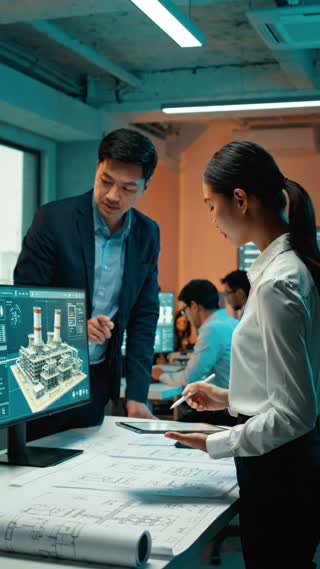 Create a photorealistic cinematic documentary video showing technical cooperation between South Korean and Thai engineers.

Show a diverse team of engineers collaborating in a modern engineering office, reviewing detailed power plant blueprints and a realistic 3D engineering model on large digital screens.

Use smooth camera movements, natural professional interactions, dramatic teal-and-orange lighting, soft bloom, and subtle film grain.

Style: Premium science and engineering documentary, realistic and professional.

Vertical 9:16, 4–5 seconds. No narration, text, logos, or watermarks.