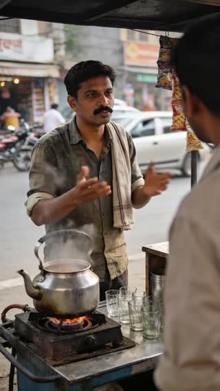 The men looks directly at the camera, speaking in Hindi with minimal, expressive hand gestures, emphasizing his points with an empathetic but unwavering gaze. say few fast
 He says: "भाई, 100 रुपये में तुम्हारा लोन का इंटरेस्ट कम हो सकता है! मेरी दुकान का लोन 14% पे था। एक कस्टमर ने बोला ऊल्का ट्राय कर, 100 रुपये लगेंगे मैंने सोचा एक दिन की चाय की कमाई है, ट्राय करता हूँ।"
