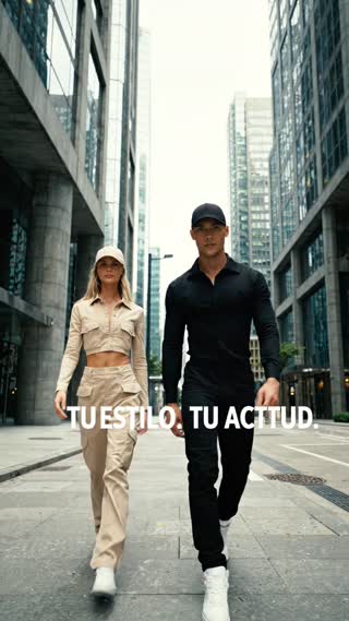 Video publicitario urbano, texto a video, duración máxima 8 segundos, estilo cinematográfico realista. Escena en una calle moderna de ciudad con edificios altos, concreto y cristal, ambiente streetwear premium.

Aparecen dos modelos jóvenes adultos caminando hacia la cámara. La mujer es rubia, de apariencia estadounidense, atractiva y atlética. El hombre es de tez morena clara, de apariencia estadounidense, atractivo y atlético. No generar rasgos asiáticos ni estilo de modelos chinos.

El hombre viste outfit negro completo, tenis blancos y gorra negra lisa de 6 paneles con visera curva. La mujer viste outfit beige tipo cargo, tenis blancos y gorra beige lisa de 6 paneles con visera curva.

Ambos modelan principalmente las gorras mientras caminan. El hombre toca suavemente la visera y la mujer acomoda su gorra y gira ligeramente el rostro para mostrarla de perfil. Incluir breves primeros planos de las gorras para resaltar forma, textura y costuras.

Importante: la gorra negra del modelo hombre debe permanecer puesta durante todo el video, en todas las escenas y todos los cambios de plano. Nunca debe desaparecer, quitarse ni cambiarse. En la última escena, el modelo hombre debe seguir usando claramente la gorra negra.

Movimientos totalmente naturales, fluidos y humanos, sin rigidez, deformaciones ni movimientos robóticos. Cámara suave tipo comercial de moda.

Texto en pantalla: “TU ESTILO. TU ACTITUD.” y al final “ENCUENTRA TU COLOR”. Ortografía extremadamente estricta: sin errores, letras deformadas ni palabras inventadas.