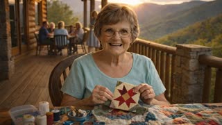 She is quilting on the porch of a cabin in the Appalachian mountains of Tennessee. There is beautiful magic light. Medium shot. We very slowly pan across the frame. The people in the background are having a good time quilting. We don't go closer than medium shot. 