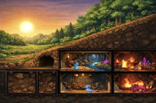 Game capture style, Unity 2.5D side-cut (Fallout Shelter-like). Use the reference image composition exactly: same framing, same rooms, same colors, same character positions. Locked camera (no zoom, no pan, no rotation, no perspective change). Clean premium cartoon look (not painterly, not realistic). No UI/HUD/text.

Make the world feel alive with subtle loops: fire/torches/forge flames flicker with warm glow, a few tiny embers rise; purple/pink crystals gently shimmer; light smoke/heat haze in fire rooms; in the water room the stream flows softly with small ripples and reflections; outside trees/leaves and grass sway lightly in the wind (sunlight stays stable).

Animate monsters without deforming their designs:
	1.	Top middle water room: small blue monster mines the gem in front of him with a pickaxe in a loop (raise pickaxe → strike gem → small spark/impact glow → return).
	2.	Top right fire room: red monster waves to the viewer in a friendly loop (arm wave + slight head bob), no walking.
	3.	Bottom middle room: blue monster walks slowly (short left-to-right step cycle) then loops, staying inside the room.
	4.	Bottom right fire room: three-headed dog scratches the ground with front paws in a loop; add a little dust/pebbles, no terrain change.

No new objects, no extra characters, no morphing, no scale changes. Only add these animations.