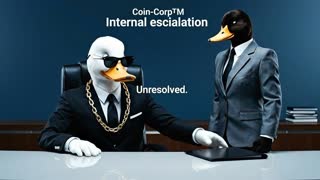 COIN-CORP™ — INTERNAL ESCALATION (SIMPLE)

Durée : 8 secondes
Format : vertical
Style : corporate froid
Ambiance : bureau silencieux

PERSONNAGES

CEO (canard blanc) : costume sombre, lunettes noires, chaîne en or. Assis derrière son bureau.

Manager (canard noir) : costume corporate. Debout en face du bureau.
Aucun humain. Aucun autre canard.

CAMÉRA

Plan fixe

Les deux canards visibles

Pas de mouvement caméra

AUDIO

Musique corporate très basse

Ambiance de bureau

Aucun dialogue

OBJET

Un dossier posé sur le bureau (texte lisible : CONFIDENTIAL)

⏱️ DÉROULÉ (8 s)

0–2 s
Texte haut :
Coin-Corp™
Internal escalation
Les deux canards se regardent.

2–5 s
Le manager noir prend le dossier.

5–7 s
Il lance le dossier sur le bureau du CEO.
Le CEO ne bouge pas.

7–8 s
Texte centré :
Noted.

❌ INTERDIT

Cris

Gestes violents exagérés

Autres personnages

Autres textes

Autres mouvements caméra