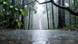 the storm continues without interruption as the rain maintains its steady heavy rhythm falling in dense sheets through the canopy. the puddle in the center keeps forming overlapping ripples but now the surface becomes slightly more disturbed as occasional larger drops strike harder creating deeper circular waves that slowly blend into one another

the mist thickens slightly in the background drifting more noticeably between the trees adding a soft layered depth that makes the forest feel endless. visibility fades just a little deeper into the distance giving a sense that the storm stretches far beyond what can be seen

Multiple strikes of lightning where if I make another loop in the video you can’t tell it was added so put many strikes of lightning and increase sound of rain intense sound of rain

small details continue to shift subtly
	•	droplets gather at the tips of leaves before falling
	•	thin streams of water run along branches and drip in irregular patterns
	•	the puddle reflection gently warps with each ripple never settling completely

the soundscape remains consistent and immersive
heavy rainfall dominates
occasional distant thunder rolls longer and deeper than before
the forest remains quiet otherwise allowing the storm to feel calm instead of chaotic

the camera remains completely still reinforcing a sense of grounding and stillness while everything else moves naturally within the frame

as the scene continues the lighting and motion remain consistent allowing the visuals to seamlessly connect back to the beginning creating a perfect loop where the storm feels ongoing endless and soothing
