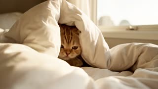 A realistic iPhone candid-style video, filmed indoors near a window beside a bed.A small golden shaded British Shorthair kitten is hidden under the blanket. In the first second, the duvet shifts slightly, then a round little head pops out suddenly, ears low and fur gently compressed. The kitten blinks once, squints at the light