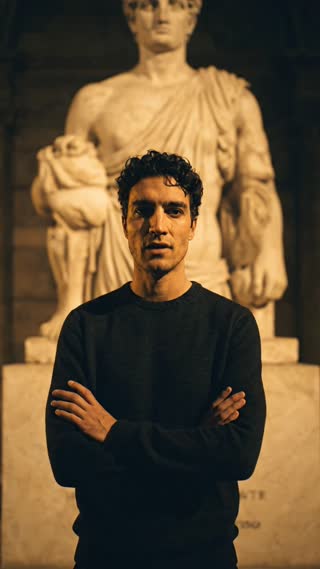 Cinematic founder video. A man with curly dark hair, arms crossed, standing in a dimly lit classical museum at night with a large ancient Greek marble statue behind him. He looks directly into the camera with a calm, intense gaze and says: "Aphrodite. Van Gogh. Memento Mori. The Creation of Adam. Crown of Thorns. Every piece, a story that survived thousands of years. Now you can wear one. 50,000 people already found theirs. Yours is waiting." Warm golden light from below, dramatic shadows, marble textures visible in background. Slow push-in camera movement. Cinematic 24fps. No text overlay. Realistic lip sync. Low, confident male voice. Slow, deliberate delivery on each name.

