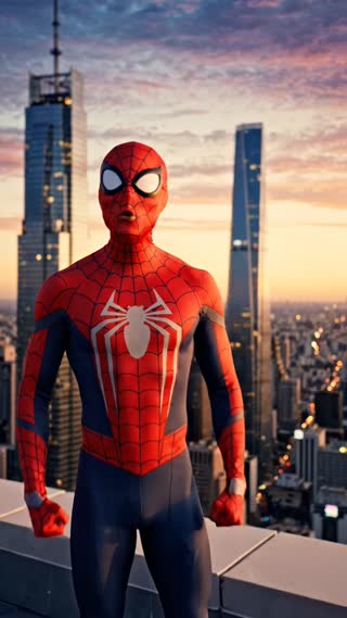 Vertical 9:16 video, exact duration of 8 seconds, photorealistic cinematic style, warm sunset lighting. A completely original arachnid-inspired superhero appears in the foreground on top of a skyscraper in a large modern city. Young athletic man, full-face mask with expressive white eyes, wearing an original crimson red, dark blue, and charcoal gray suit with a subtle web-inspired texture. No logos, emblems, names, symbols, or recognizable designs from existing characters.

He looks directly at the camera with a warm, friendly, heroic attitude. He makes an affectionate gesture toward the viewer and places one hand over his heart. Native neutral Latin American Spanish audio, young male voice, charismatic and cheerful, perfectly synchronized.

Dialogue, spoken at a natural pace to fit within 8 seconds:

“Hola, Robert. ¡Feliz cumpleaños! Diviértete muchísimo hoy y recuerda: el poder más grande que tienes está aquí, en tu gran corazón. ¡Te mando un abrazo arácnido gigante!”

At the end, he smiles with his eyes, waves, and performs a heroic gesture. Realistic physics, natural suit movement, cinematic depth of field. No subtitles, text, or branding.