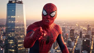 "Cinematic 4K vertical video, realistic physics, 9:16. An ORIGINAL arachnid-inspired superhero sits on the edge of a skyscraper overlooking a large modern city at warm sunset. Young athletic male, full-face mask, expressive white eye lenses, original crimson red, midnight blue and charcoal suit with subtle organic web-inspired texture. No logos, trademarks, spider emblem, exact costume patterns or copyrighted character designs.

He looks directly at the camera, warm, friendly, playful and heroic, as if recording a personal birthday message for a child. Natural gestures: points affectionately at the viewer, places one hand over his heart and moves expressively.

Generate native Spanish audio perfectly synchronized with body language. Young adult male voice, warm, charismatic, heroic and slightly playful, neutral Latin American Spanish.

Dialogue:

“¡Hola, Robert! ¡Feliz cumpleaños ya cumples 8 años!

Me enteré de que eres un gran admirador de los superhéroes, déjame contarte un secreto: tus tíos, Riky y May son grandes amigos míos y ellos me pidieron que te mandara este mensaje porque te aman con todo su corazón. Están muy felices y orgullosos de tenerte como sobrino y siempre estarán ahí para cuidarte y acompañarte en cada aventura.

Sigue brillando, diviértete muchísimo hoy y recuerda: el poder más grande que tienes está aquí…”

[places hand over heart]

“…en tu gran corazón.

¡Feliz cumpleaños, Robert! De parte de tus tíos Riky y May… ¡te mando un abrazo arácnido gigante!”

At the end, he waves goodbye, shoots an original silk-like strand toward another building and swings away through the sunset skyline.

Photorealistic, professional cinematic lighting, shallow depth of field, realistic fabric and movement. No subtitles, no text, no logos, no copyrighted characters."