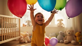 一个可爱的宝宝在明亮温馨的儿童房里跳舞，彩色气球漂浮，轻快的背景音乐播放。

镜头设计：

近景：宝宝伸展小手，开心跳动，镜头跟随宝宝的动作，增加萌感。

中景：宝宝在彩色气球间旋转跳舞，光线柔和、阳光洒入房间。

特写：宝宝咯咯笑，脚步轻快，背景音乐中加入轻快鼓点和铃铛声。