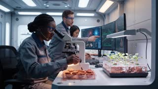 Live-action photorealistic wide-to-medium shot inside a Mars research lab, a few scientists in fitted casual utility uniforms working together at clean modern workstations, one examining a rust-red soil or rock sample under equipment while others review data on nearby monitors displaying Martian atmospheric and geological readouts, sample trays with small pieces of Martian regolith and mineral fragments visible on the counters, soft focused task lighting illuminating each workstation while the rest of the room falls into a slightly dimmer ambient glow, a small potted plant or hydroponic tray tucked in the corner hinting at colony life-support research, the room fully enclosed with smooth modern paneling and no windows, all illumination coming from engineered ceiling and task lighting, quiet collaborative movement between the scientists, shallow depth of field with the nearest scientist in sharpest focus, shot on real film camera aesthetic with natural lens grain, warm and cool lighting contrast between the task lights and ambient room tone, documentary-style realism, no CGI or animated look, quiet focused and intelligent mood emphasizing careful precise work central to sustaining the Mars colony