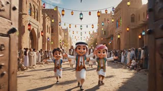 
## خروج الأطفال إلى الشارع ولقاء فرقة البرع اليمني

![Image](https://images.openai.com/static-rsc-3/61EEfaLcatVubMMrTJFr4WOn5YwW1N1FZz21PA-iCy0cnCIAQA5605yUe8Hy1Lh_Ufp0VubzbkgM8pQAvT_wa4mFWxJAvlpimbzkqPybLJI?purpose=fullsize\&v=1)

![Image](https://images.openai.com/static-rsc-3/V1qHfUEw2cQPhJuJxqJwQa51dy1zf4A_8n4IssHkOwjRMkIpDRzOoexYgzGlxxgYWu61PwY7wBGWpPVLVOaGs_P6nzMWVlDXfcwsiNmhnko?purpose=fullsize\&v=1)

![Image](https://images.openai.com/static-rsc-3/1nWecpZDRSujSAsGQsMmyKdv05OVBuLxsXlLIcLZw0K0X_VPP_pM8B2IjSzzMLOrokOxD2l1ZBE2cCdrgLPqvK8wZykyk0f9PAZ2yNlGVWU?purpose=fullsize\&v=1)



## فكرة المشهد

* الأطفال يخرجون من المجلس إلى *شارع واسع في صنعاء القديمة*
* الشارع مزين *بفوانيس وزينة العيد*
* يسمعون *صوت الطبول والمزمار*
* يجدون *فرقة البرع اليمني* ترقص

الشخصيات *كرتونية* لكن البيئة *واقعية صنعانية*.

---

# البرومبت

استخدم هذا النص:

id="3wz1o7"
Cinematic transition scene from a traditional Yemeni house to a wide street in Old Sana'a during Eid celebration.

Cartoon-style Yemeni children run happily out of a traditional Yemeni house into a wide decorated street.

The street is filled with festive Eid decorations, lanterns and colorful lights between the historic mud-brick tower houses of Old Sana'a.

In the middle of the street a traditional Yemeni Al-Bar'a dance group appears.

Men wearing traditional Yemeni clothing with jambiya daggers perform the powerful Al-Bar'a dance with rhythmic movements.

Children stop and watch the dance with excitement.

Realistic Old Sana'a architecture environment with cartoon-style characters, cinematic lighting, festive atmosphere, smooth camera movement, highly detailed, 4K