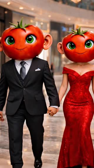 An anthropomorphic tomato with expressive human eyes and ears, wearing a sharp, elegant black business suit and polished leather shoes, confidently walking inside a luxurious shopping mall. Marble floors, golden accents, glass storefronts with luxury brands, and soft cinematic lighting create a premium atmosphere.

Beside him walks his wife — an elegant anthropomorphic tomato woman wearing a flowing designer evening dress, subtle jewelry, and graceful posture. They walk together like a power couple, calm and confident, enjoying the luxury environment.

The mall feels high-end and exclusive, similar to a Dubai luxury mall, with reflections on the floor, people softly blurred in the background. Cinematic depth of field, ultra-detailed, realistic textures, luxury fashion vibe, smooth walking motion, premium lifestyle aesthetic.