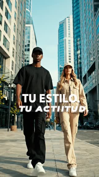 Video publicitario urbano, texto a video, duración máxima 8 segundos, estilo cinematográfico realista. Calle moderna de ciudad con edificios altos, concreto y cristal, ambiente streetwear premium.

Dos modelos jóvenes caminan hacia la cámara. Hombre con outfit negro completo, tenis blancos y gorra negra lisa de 6 paneles con visera curva. Mujer rubia con outfit beige tipo cargo, tenis blancos y gorra beige lisa de 6 paneles con visera curva.

Ambos modelan principalmente las gorras mientras caminan: el hombre toca suavemente la visera y la mujer acomoda su gorra y gira ligeramente el rostro para mostrarla de perfil. Incluir breves primeros planos de las gorras resaltando forma, textura y costuras.

Movimientos totalmente naturales, fluidos y humanos, sin rigidez, deformaciones ni movimientos robóticos. Cámara suave tipo comercial de moda.

Texto en pantalla: “TU ESTILO. TU ACTITUD.” y al final “ENCUENTRA TU COLOR”. Ortografía extremadamente estricta: sin errores, letras deformadas ni palabras inventadas.