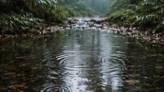 🌧️🎬 Scene 4 (Revised — Consistent Mist Version)

The camera settles into a calm, centered view of a small forest clearing where a shallow puddle reflects the tall trees above. A soft layer of mist lingers in the background, gently drifting between the trees without fully clearing, adding depth and atmosphere. Raindrops fall steadily into the puddle, creating smooth, rhythmic ripples that expand outward in overlapping patterns. The reflection of the trees subtly shifts and distorts with each drop, creating a slow, hypnotic visual effect. The camera remains completely stable, allowing the natural motion of the rain and mist to carry the scene. Lighting stays soft and overcast, with muted tones that enhance the peaceful, grounded mood. The overall feeling is deeply calming and immersive, designed to hold the viewer’s attention in a meditative, uninterrupted loop.
 in a dreamy, surreal atmosphere with soft focus effects and ethereal lighting