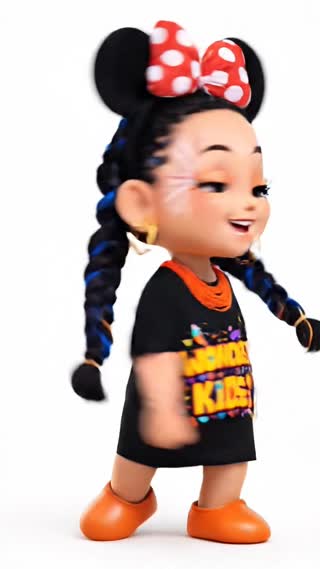 I want to turn this mascot into an animated video. It should dance very energetically and clap its hands. First, it should spin around once with its arms open. Then, it should bring its hands together under its chin, move closer to the screen, and start talking. Its mouth must definitely move while speaking. After 3 seconds, it should move back and continue dancing. with vibrant, highly saturated colors, strong visual contrasts, and bright lighting