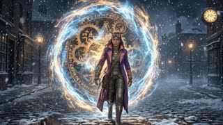 Mesopotamian time traveller walks through portal. The snow is falling heavy. She looks at the technology on her arm to see her location. in a cinematic scene with professional lighting, shallow depth of field, and movie-quality visual effects