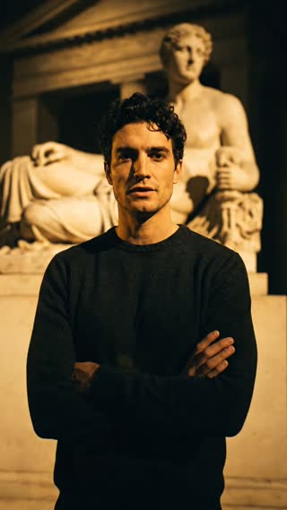 Cinematic founder video. A man with curly dark hair, arms crossed, standing in a dimly lit classical museum at night with a large ancient Greek marble statue behind him. He looks directly into the camera with a calm, intense gaze and says: "Most jewelry does one of two things. It tarnishes. Or it's just boring. I built Kelyoz because you deserve neither." Warm golden light from below, dramatic shadows, marble textures visible in background. Slow push-in camera movement. Cinematic 24fps. No text overlay. Realistic lip sync. Low, confident, slightly tired male voice.
