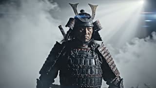 samurai stance ready for combat wind blowing
camera: push in