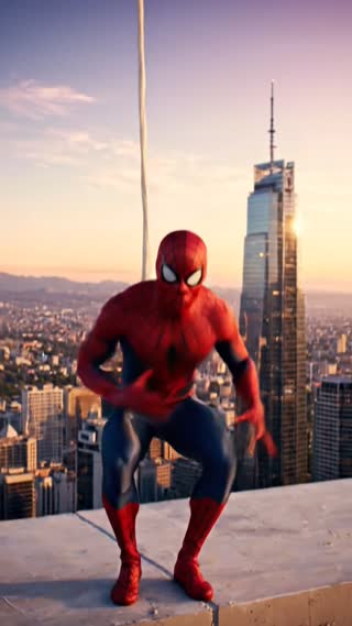 "Vertical 9:16 video, exact duration of 8 seconds, visual continuation of the previous video. The same original arachnid-inspired superhero returns, swinging on a strand of fictional silk toward another building in the skyline at sunset. Completely original design: crimson red, dark blue, and charcoal gray suit, subtle web-inspired texture, with no logos, emblems, names, symbols, or recognizable elements from existing characters.

He lands gently on a rooftop, looks at the camera, and places one hand over his heart with sincere emotion. Native neutral Latin American Spanish audio, young male voice, warm, heroic, and slightly playful, perfectly synchronized.

Dialogue, spoken at a natural pace to fit within 8 seconds:

“Olvidé decirte que tus tíos Ricardo y Mayra son mis amigos. Dicen que están muy orgullosos de ti y siempre estarán ahí para cuidarte y acompañarte en cada aventura.”

Afterward, he extends his arms, waves, and swings away toward the horizon. Photorealistic style, cinematic lighting, realistic physics, and fluid movement. No subtitles, text, or branding."