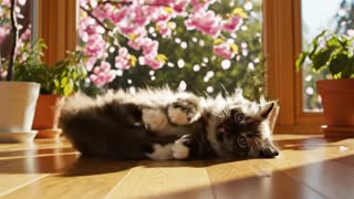 一只可爱的小猫咪在温暖的阳光房里打滚，窗外飘落樱花花瓣，轻柔的背景音乐和自然鸟鸣声。