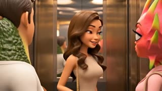 Create the NEXT 8-second vertical 9:16 shot, continuing immediately after Scene 1. Match the previous clip's final frame and original reference exactly: same golden-metal elevator, warm light, same three characters and outfits. The avocado husband's short black moustache stays visibly fixed under his nose; his brown pit is permanently integrated into his belly, with unchanged size, color and position. Never detach, cover, drop, shrink or erase it. The dragon-fruit wife keeps her exact pink outfit, beige handbag and flame-shaped hair. The attractive third woman is a HUMAN adult with long brown waves, fitted beige dress and black handbag.

0–2s: Medium-wide elevator shot. The human woman finishes walking in, passes naturally in front of the couple and stops near the elevator doors, slightly ahead of them.

2–3s: She briefly looks back over her shoulder with a polite smile, then turns fully towards the elevator doors, her back to the couple.

3–5s: The dragon-fruit wife's eyes move towards the husband. She slowly turns her head, narrows her eyes and fixes him with a suspicious, jealous stare; her arms fold tightly.

5–7s: The avocado senses the stare, pulls his gaze straight forward, stiffens slightly and forces a tiny innocent smile. He does NOT drink yet.

7–8s: Hold on both faces for an awkward comedic beat. The wife's eyes never leave him.

One continuous stable shot, subtle facial acting, quiet elevator hum. No dialogue, captions, transformations, extra people, missing moustache or moving pit.
