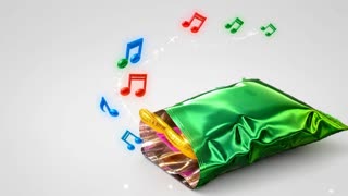 Animate the image with a smooth, realistic 3D motion. The colorful, glossy musical notes emerge directly from the open mouth of the green metallic bag, then float upward in a beautiful spiral motion. The notes rise continuously from inside the bag, moving upward and slightly to the left, spreading out gradually as they gain height. Smaller notes emerge first, followed by larger colorful notes and golden treble clefs. Each musical note rotates gently in 3D space, reflecting vibrant highlights and glowing with subtle colorful light trails. Add a few tiny sparkling particles around the notes to enhance the magical musical effect. Keep the green bag completely stationary, preserving its original shape, metallic reflections, wrinkles, lighting, and position. Maintain the exact original camera angle and composition. Smooth cinematic animation, realistic depth, natural motion, transparent background with clean alpha channel. No camera movement, no zoom, no distortion, no extra objects, no text, and no changes to the bag. The musical notes must clearly originate from inside the bag opening and travel upward, never appearing suddenly in midair.