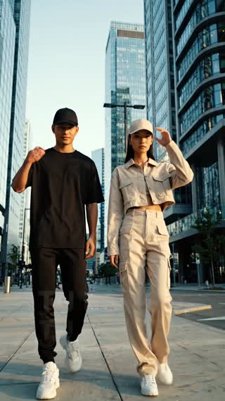 "Video publicitario urbano, texto a video, duración máxima 8 segundos, estilo cinematográfico realista. Escena en una calle moderna de ciudad con edificios altos, concreto y cristal, ambiente streetwear premium.

Aparecen dos modelos jóvenes caminando hacia la cámara. El hombre viste outfit negro completo, tenis blancos y gorra negra lisa de 6 paneles con visera curva. La mujer viste outfit beige tipo cargo, tenis blancos y gorra beige lisa de 6 paneles con visera curva.

Ambos modelan principalmente las gorras mientras caminan. El hombre toca suavemente la visera y la mujer acomoda su gorra y gira ligeramente el rostro para mostrarla de perfil. Incluir breves primeros planos de las gorras para resaltar forma, textura y costuras.

Importante: la gorra negra del modelo hombre debe permanecer puesta durante todo el video, en todas las escenas y todos los cambios de plano. Nunca debe desaparecer, quitarse ni cambiarse. En la última escena, el modelo hombre debe seguir usando claramente la gorra negra.

Movimientos totalmente naturales, fluidos y humanos, sin rigidez, deformaciones ni movimientos robóticos. Cámara suave tipo comercial de moda.

Texto en pantalla: “TU ESTILO. TU ACTITUD.” y al final “ENCUENTRA TU COLOR”. Ortografía extremadamente estricta: sin errores, letras deformadas ni palabras inventadas."