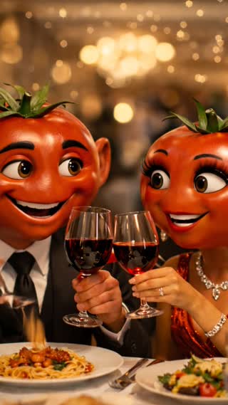 A high-quality 3D animated cinematic shot of a romantic dinner date between two anthropomorphic tomato characters. The male character has a ripe red tomato head with a green stem, human-like ears, and expressive eyes, wearing a sharp black suit and tie. The female character has a similar tomato head with long eyelashes, wearing a sparkling red evening gown and diamond jewelry. They are sitting at a table with a white tablecloth in a dimly lit, upscale restaurant, affectionately toasting with glasses of red wine. There is a plate of spaghetti and a bottle of wine on the table. The background features warm, bokeh lighting from chandeliers, creating a cozy and romantic atmosphere. Pixar-style animation render, 8k resolution.