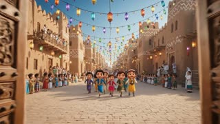 id="3wz1o7"
Cinematic transition scene from a traditional Yemeni house to a wide street in Old Sana'a during Eid celebration.

Cartoon-style Yemeni children run happily out of a traditional Yemeni house into a wide decorated street.

The street is filled with festive Eid decorations, lanterns and colorful lights between the historic mud-brick tower houses of Old Sana'a.

In the middle of the street a traditional Yemeni Al-Bar'a dance group appears.

Men wearing traditional Yemeni clothing with jambiya daggers perform the powerful Al-Bar'a dance with rhythmic movements.

Children stop and watch the dance with excitement.

Realistic Old Sana'a architecture environment with cartoon-style characters, cinematic lighting, festive atmosphere, smooth camera movement, highly detailed, 4K.