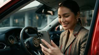 Slow-motion scene with the woman smiling while looking at her cell phone, then she looks up and it's a sublime scene of hope, very fashionable, the car is stopped, the car shouldn't move