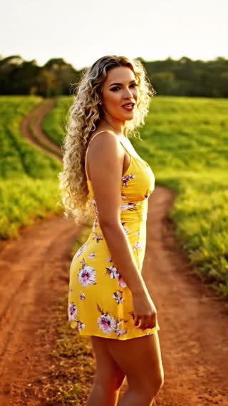 A beautiful young woman with fair skin standing outdoors in a rural countryside setting during daylight. She has a naturally curvy, feminine, and well-sculpted body with an attractive and healthy appearance. She is wearing a short yellow floral dress with thin straps, fitted at the waist and gently flowing, highlighting her curves in an elegant and natural way. The neckline subtly emphasizes her figure while remaining tasteful.

Her long, blonde, voluminous curly hair falls naturally down her back, framing her face and enhancing her feminine presence. She stands slightly turned to the side, accentuating her curves, while looking over her shoulder toward the camera with a warm, confident smile.

The environment features open countryside with green fields, dirt paths, and a peaceful rural atmosphere. Natural daylight illuminates the scene, creating a warm, cinematic, and inviting look.

She begins the video speaking in Portuguese, saying:
"Se fosse uma novinha rebolando você já tinha deixado o coração, né? Me segue aqui pra eu saber se você prefere mulher experiente."

Her posture is relaxed and natural, with gentle movements as she walks, allowing the dress to sway softly. The overall mood is charming, feminine, and visually engaging, with a romantic rural aesthetic.