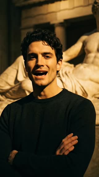 Cinematic founder video. A man with curly dark hair, arms crossed, standing in a dimly lit classical museum at night with a large ancient Greek marble statue behind him. He looks directly into the camera with a calm, intense gaze and says: "I got tired of overpriced jewelry that tarnishes in a week and means nothing. Most jewelry does one of two things. It tarnishes. Or it's just boring. I built Kelyoz because you deserve neither." Warm golden light from below, dramatic shadows, marble textures visible in background. Slow push-in camera movement. Cinematic 24fps. No text overlay. Realistic lip sync. Low, confident, slightly tired male voice.
