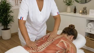 Use the uploaded image as the exact first frame and reference for the entire video. Preserve exactly the therapist's face, identity, facial features, hairstyle, skin tone, body proportions, uniform, posture, clinic environment, massage table, client position, lighting, camera angle and composition. Maintain complete character consistency throughout the video. Do not alter the therapist's appearance, age, clothing, body shape or surroundings.

Create a realistic professional wellness clinic scene. The client is lying face down on a massage table with her back exposed. The therapist performs slow, authentic therapeutic massage movements using both hands. Movements must be smooth, controlled, natural, realistic and anatomically correct. Show realistic tissue compression and release under the therapist's hands. No fast motions, abrupt gestures, robotic movement or exaggerated pressure.

At the beginning, the client's back displays a semi-transparent medical anatomical visualization integrated directly into the skin. Show realistic superficial back muscles and the spinal column perfectly aligned with the body. The anatomy must appear embedded within the skin, never floating, detached or misaligned.

While the therapist continues the massage without interruption, the anatomical overlay gradually dissolves into the skin. The muscles and spine slowly become more transparent second by second. The transition must be seamless, smooth, continuous and medically realistic. No flashing, flickering, morphing, warping or sudden disappearance.

The anatomy remains perfectly aligned during the entire 