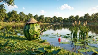 Quiero que hagas a una sandia tipo humana pescando en la orilla de un lago pacifico 
