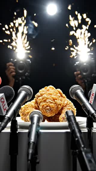 A single, golden-brown crispy fried chicken (Karaage) is sitting alone on a white plate on a press conference podium. In the foreground, numerous metallic microphones are pointed directly at the fried chicken. Camera slowly and dramatically zooms in on the fried chicken. Bright camera flashes are blinking rapidly from the dark background, illuminating the crispy texture of the chicken. A single shiny drop of oil slowly drips down the side of the fried chicken like a tear. Highly realistic textures, dramatic press conference lighting, cinematic slow-motion.