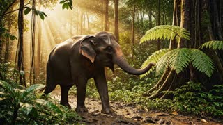 An elephant is walking through the rainforest