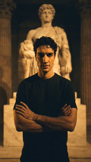 Cinematic founder video. A man with curly dark hair, arms crossed, standing in a dimly lit classical museum at night with a large ancient Greek marble statue behind him. He looks directly into the camera with a calm, intense gaze and says: "Icarus.  Memento Mori. Van Gogh. Athena. The Creation of Adam. Crown of Thorns." Warm golden light from below, dramatic shadows, marble textures visible in background. Slow push-in camera movement. Cinematic 24fps. No text overlay. Realistic lip sync. Low, confident male voice. Slow, deliberate delivery on each name.
