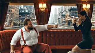 A young woman with light brown skin looking and dresses exactly as she is in the reference image has a determined expression stands in the opulent main compartment of a luxury train. The interior features deep red velvet upholstery, comfortable leather couches, and large tinted windows framing a blurred, passing VERY STEAM PUNK MANHATTAN CITYSCAPE DURING THE DAY. She faces a large, MUSCULAR, well built, imposing man SEEN IN THE REFERENCE IMAGE TO THE LEFT OF THE GIRL IN THE TRAIN COMPARTMENT in a tense confrontation. He lunges forward with a slow, telegraphed swing; she swiftly ducks under his arm. In a fluid motion, she counters with a precise, controlled strike to his shoulder, causing him to stumble backward in surprise. She follows with a swift, hard karate chop to his neck and he slumps onto a plush couch, incapacitated. THERE IS NO ONE ELSE IN THE COMPARTMENT EXCEPT FOR THE WOMAN AND MUSCULAR MAN. Through the windows we can see a VERY STEAM PUNK MANHATTAN DURING THE DAY passed by.  Cinematic wide shot with dramatic low-key lighting, shadows playing across the velvet, camera tracks the action smoothly. Style is a dynamic action sequence with stylized choreography, emphasizing agility and skill over impact. in a cinematic scene with professional lighting, shallow depth of field, and movie-quality visual effects.   in a cinematic scene with professional lighting, shallow depth of field, and movie-quality visual effects