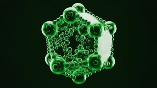 Icosahedron (20-sided geometric polyhedron) constructed from green serum bubbles. Each vertex has a bubble, edges formed by smaller bubbles connecting them. Perfect geometric symmetry.

Slow rotation on multiple axes showing all faces. Emerald green translucent bubbles. High-tech molecular structure. Futuristic scientific aesthetic.

Sharp geometric form with organic bubble texture. Dark background or black. Premium tech pharmaceutical visualization. 1:1 or 9:16, 4 seconds.