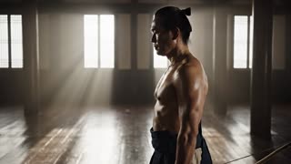 ultra realistic, hyperrealistic, cinematic lighting, 8k, HDR, film grain, volumetric lighting, dramatic shadows, realistic skin texture, motion blur, depth of field, anamorphic lens, epic cinematic tone.                                                                                                                                                                                         samurai bowing before training, discipline ritual
camera: slow pan