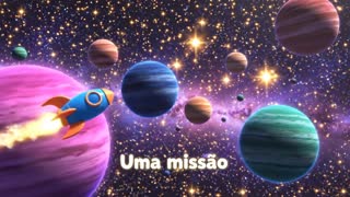 Create a vertical cinematic video (9:16). Magical outer space with colorful planets, glowing stars and a small rocket flying across leaving a sparkling trail. Camera slowly travels through space with soft cinematic lighting and vibrant colors. Style: Pixar-quality 3D animation, joyful children’s atmosphere. Text appears in Portuguese: “Uma missão muito especial está chegando…”. Smooth motion, magical children movie style.