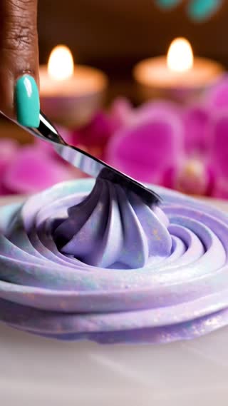 A frosted quartz plate holds a fluffy swirl
of whipped opal cream in pastel lilac and mint. A
manicured hand with glossy mint nails gently presses a
chrome implement into the cream, causing soft ripples and
ridges. Candlelight flickers in the blurred background
beside scattered orchid petals.
The implement scoops slowly into
the cream, causing a soft collapse and swirl. The texture
stretches slightly then folds over itself in silky waves.
Sound: plush squish, airy fold, ambient flicker. Camera:
macro lens, shallow depth, warm spa glow.