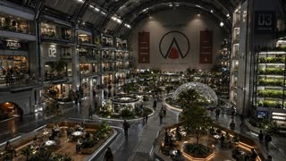 Live-action photorealistic wide interior shot of a massive multi-level atrium inside a futuristic Mars settlement habitat, an immense arched vaulted ceiling with exposed structural trusses and warm overhead lighting. The far wall features a large mural reading "ARES HABITAT" above a circular emblem logo, with vertical banners on either side reading "UNITY," "PURPOSE," and "PROGRESS," and the tagline "TOGETHER, WE BUILD TOMORROW" beneath the emblem. Multiple stacked levels of interior balconies line the left side, labeled "ARES HABITAT" and "02," with warmly lit interior offices and gathering spaces visible through open facades. On the right, a tall vertical farming structure labeled "03 AGRICULTURE" holds stacked rows of illuminated leafy greens under grow lights. The ground floor centers on a large glass geodesic dome housing a full-grown tree, surrounded by open plazas, smaller garden domes, and sunken communal seating areas with wooden benches and warm under-lighting where small groups of people sit and talk. Dozens of people in casual clothing walk across the open central floor between the plazas. The room is fully enclosed with no windows or openings to the outside, all illumination coming from engineered ceiling and ambient lighting. Camera holds a high wide static angle looking down across the entire atrium, with a slow, almost imperceptible push-in. Shot on real film camera aesthetic with natural lens grain, warm and cool lighting contrast, documentary-style realism, no CGI or animated look, bustling yet orderly atmosphere emphasizing a fully self-contained, thriving society.