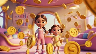 Create a 6-second high-quality 3D Pixar-style animated video scene.

Two young Latina sisters named Estrategia (7 years old) and Inversión (4 years old) stand inside a magical pastel financial classroom filled with floating coins and soft golden light.

Camera starts wide and slowly moves closer. Estrategia smiles confidently and waves. Inversión jumps excitedly and waves both hands.

Bright pastel pink and gold tones, cinematic lighting, smooth character movement, expressive faces, animated movie quality, cheerful educational atmosphere.