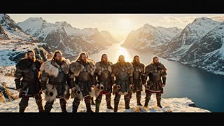 A group of rugged Viking warriors, dressed in authentic fur and leather armor with braided beards and determined expressions, stand proudly on a windswept, snow-dusted cliff overlooking a majestic fjord at dawn. They raise their drinking horns in a unified, celebratory toast towards the camera, their faces illuminated by the soft, golden light of the rising sun. The scene is captured in a sweeping, cinematic wide shot that slowly pushes in, emphasizing the epic scale and camaraderie. The style is historical drama with high production value, featuring dramatic natural lighting with long shadows. The ambient sound includes howling wind, crashing waves below, and the distant, triumphant call of a horn. They wish an Happy new year on a French language 