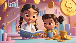 6-second high-quality 3D Pixar-style animated scene scene. Two young Latina sisters named Estrategia (7 years old) and Inversión (4 years old) are inside a magical pastel financial classroom. Camera starts medium shot, slightly moving forward. Estrategia smiles confidently and gestures with her planner labeled "Plan" while explaining something. Inversión looks up at her with curious eyes and tilts her head slightly. Soft dynamic lighting, warm pastel pink and gold tones, smooth character movement, expressive facial animation, professional animated movie quality, friendly and educational atmosphere