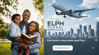 🎬 **VIDÉO PUBLICITAIRE — ELPH GLOBAL SERVICES**

Crée une vidéo publicitaire cinématographique, moderne et haut de gamme de 50 à 60 secondes, au format vertical 9:16, pour TikTok, Facebook, Instagram et WhatsApp.

**Scènes :**
1. **Introduction :** globe terrestre, carte de l’Afrique, voyageurs africains à l’aéroport et avion au décollage. Texte : « Votre projet de voyage commence ici ! »
2. **Destinations :** Casablanca, Marrakech, mosquée Hassan II, Dakar, île de Gorée et paysages internationaux. Texte : « MAROC • SÉNÉGAL • ET PLUS ENCORE ! »
3. **Services :** études, tourisme, affaires, visites familiales et autres voyages, illustrés par des étudiants, familles et professionnels.
4. **Accompagnement :** conseiller accueillant des clients, vérifiant des dossiers et préparant les formalités de voyage, e-visas et AEVM applicables. Texte : « Sérieux • Transparence • Accompagnement personnalisé ».
5. **Confiance :** voyageurs heureux, étudiant sur son campus et familles réunies. Voix off masculine française : « Études, vacances, affaires ou visites familiales, ELPH GLOBAL SERVICES vous accompagne dans la préparation de votre voyage et vos démarches administratives. »
6. **Conclusion :** logo original, nom exact ELPH GLOBAL SERVICES et avion au coucher du soleil. Texte : « ÉTUDES • TOURISME • AFFAIRES • VOYAGES » puis « Contactez-nous dès aujourd’hui ! »

**Style :** images réalistes, voyageurs africains authentiques, lumière cinématographique, transitions fluides, musique africaine moderne et sous-titres lisibles.
**Slogan :** « Votre destination, notre accompagnement. »
Ne modifie pas le logo. N’invente aucune coordonnée, aucun partenariat ni document officiel. Ne garantis jamais l’obtention d’un visa.