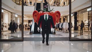 An anthropomorphic tomato with realistic human ears, deep red glossy skin, and expressive character design, wearing a sharp, elegant dark business suit with a white shirt and silk tie. The tomato has polished black leather shoes and confident posture. Scene shows the tomato walking into a modern luxury shopping mall through glass automatic doors. Bright dynamic lighting, reflections on the floor, high-end mall interior with shops and soft background blur. Ultra-realistic, cinematic style, shallow depth of field, professional fashion photography look, 4K detail, dramatic but classy atmosphere