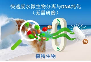 • All text stays perfectly still.
• Wastewater flows continuously.
• Microbes move from the left in a windstorm along the blue magnetic waves.
• As they reach the right, microbes transform into a single large white rod-shaped E. coli with pili.
• The magnet disappears; the E. coli becomes the main focus.
• A strong ocean wave keeps moving in the background.